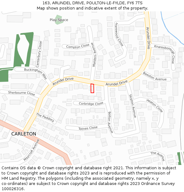 163, ARUNDEL DRIVE, POULTON-LE-FYLDE, FY6 7TS: Location map and indicative extent of plot