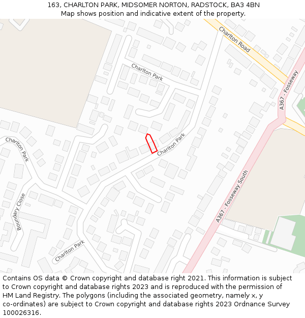 163, CHARLTON PARK, MIDSOMER NORTON, RADSTOCK, BA3 4BN: Location map and indicative extent of plot