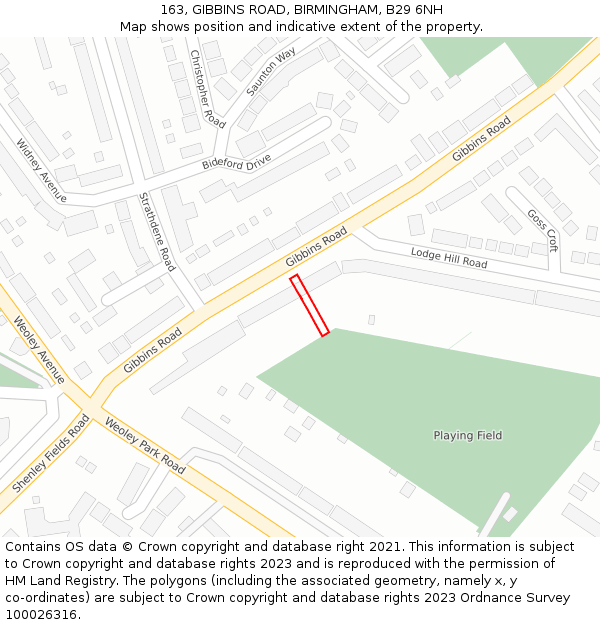 163, GIBBINS ROAD, BIRMINGHAM, B29 6NH: Location map and indicative extent of plot