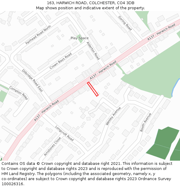 163, HARWICH ROAD, COLCHESTER, CO4 3DB: Location map and indicative extent of plot