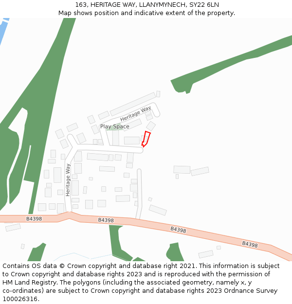 163, HERITAGE WAY, LLANYMYNECH, SY22 6LN: Location map and indicative extent of plot