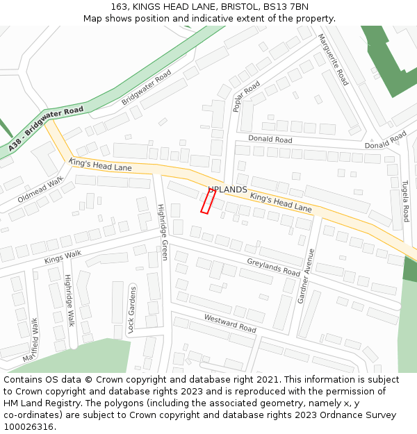 163, KINGS HEAD LANE, BRISTOL, BS13 7BN: Location map and indicative extent of plot