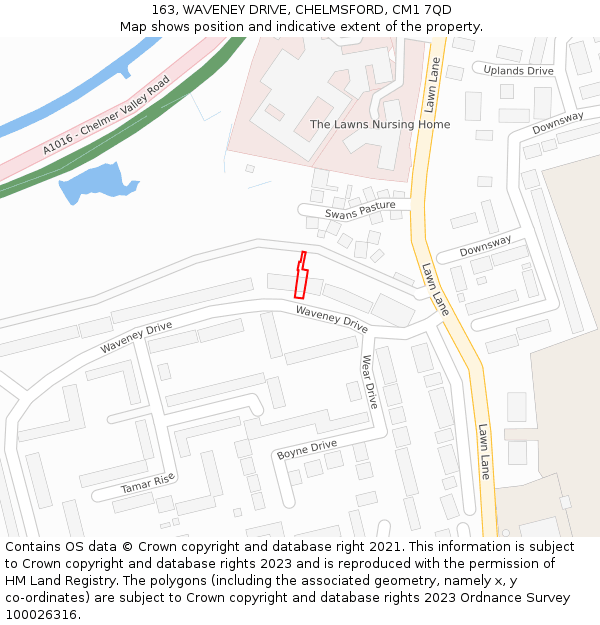 163, WAVENEY DRIVE, CHELMSFORD, CM1 7QD: Location map and indicative extent of plot