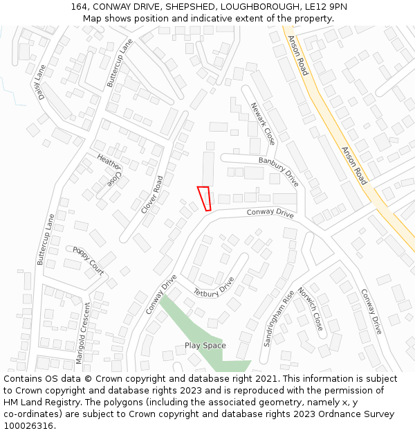 164, CONWAY DRIVE, SHEPSHED, LOUGHBOROUGH, LE12 9PN: Location map and indicative extent of plot