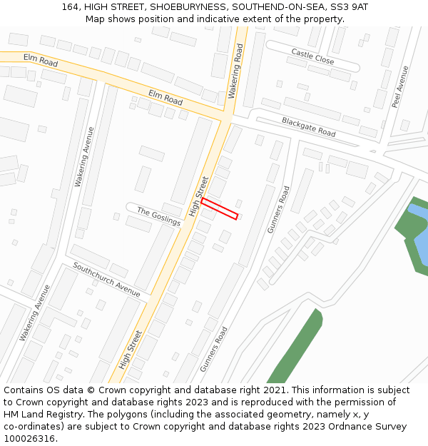 164, HIGH STREET, SHOEBURYNESS, SOUTHEND-ON-SEA, SS3 9AT: Location map and indicative extent of plot