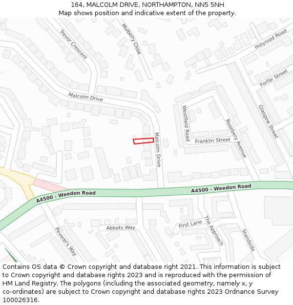 164, MALCOLM DRIVE, NORTHAMPTON, NN5 5NH: Location map and indicative extent of plot