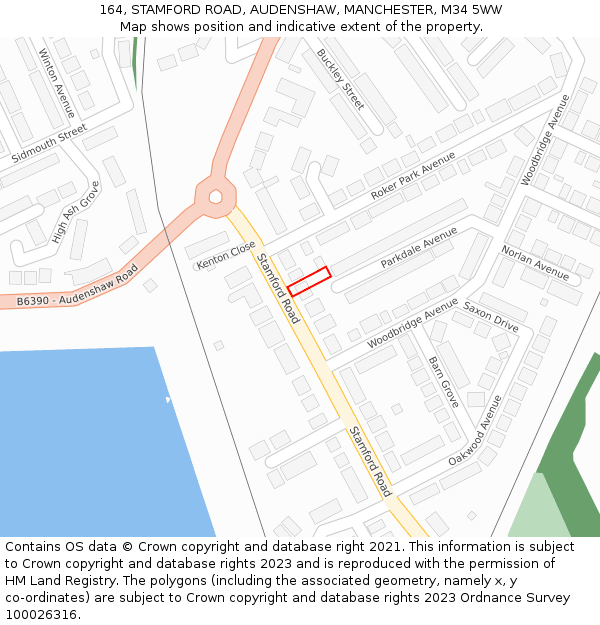 164, STAMFORD ROAD, AUDENSHAW, MANCHESTER, M34 5WW: Location map and indicative extent of plot