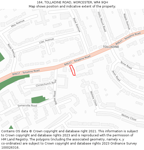 164, TOLLADINE ROAD, WORCESTER, WR4 9QH: Location map and indicative extent of plot