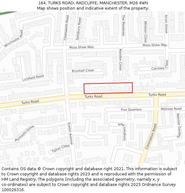 164, TURKS ROAD, RADCLIFFE, MANCHESTER, M26 4WN: Location map and indicative extent of plot