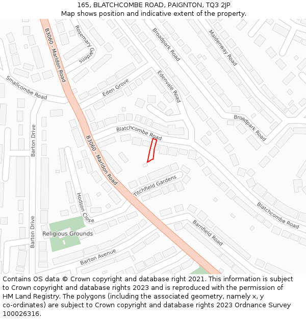 165, BLATCHCOMBE ROAD, PAIGNTON, TQ3 2JP: Location map and indicative extent of plot