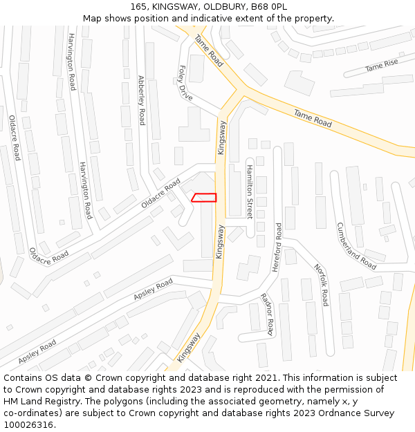 165, KINGSWAY, OLDBURY, B68 0PL: Location map and indicative extent of plot