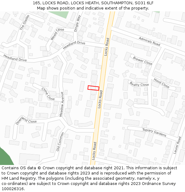 165, LOCKS ROAD, LOCKS HEATH, SOUTHAMPTON, SO31 6LF: Location map and indicative extent of plot