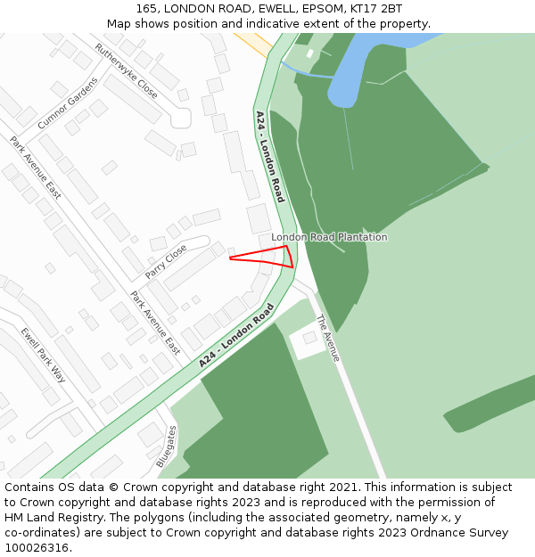 165, LONDON ROAD, EWELL, EPSOM, KT17 2BT: Location map and indicative extent of plot