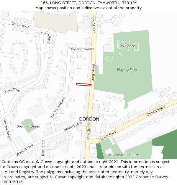 165, LONG STREET, DORDON, TAMWORTH, B78 1PY: Location map and indicative extent of plot