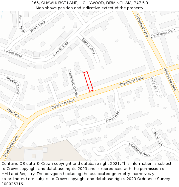 165, SHAWHURST LANE, HOLLYWOOD, BIRMINGHAM, B47 5JR: Location map and indicative extent of plot