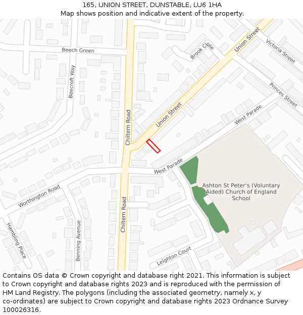 165, UNION STREET, DUNSTABLE, LU6 1HA: Location map and indicative extent of plot