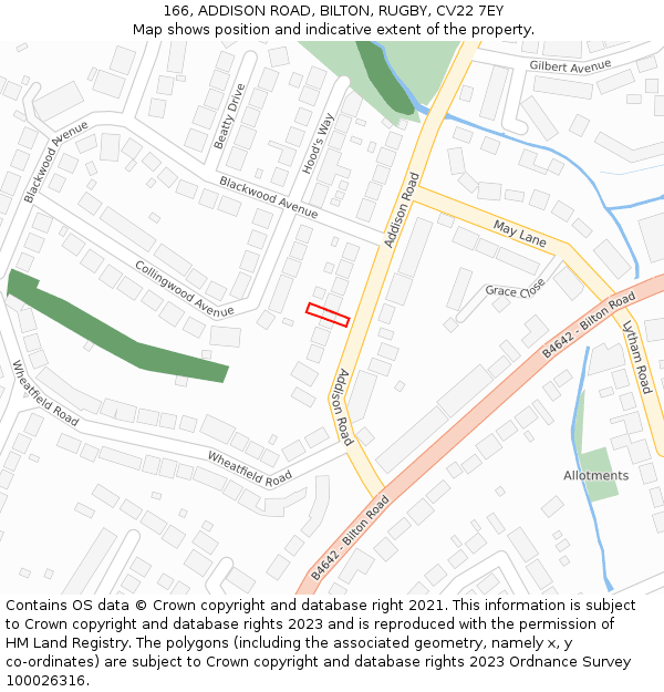 166, ADDISON ROAD, BILTON, RUGBY, CV22 7EY: Location map and indicative extent of plot