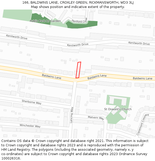 166, BALDWINS LANE, CROXLEY GREEN, RICKMANSWORTH, WD3 3LJ: Location map and indicative extent of plot