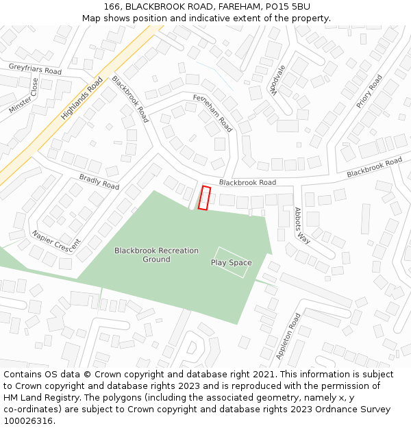 166, BLACKBROOK ROAD, FAREHAM, PO15 5BU: Location map and indicative extent of plot