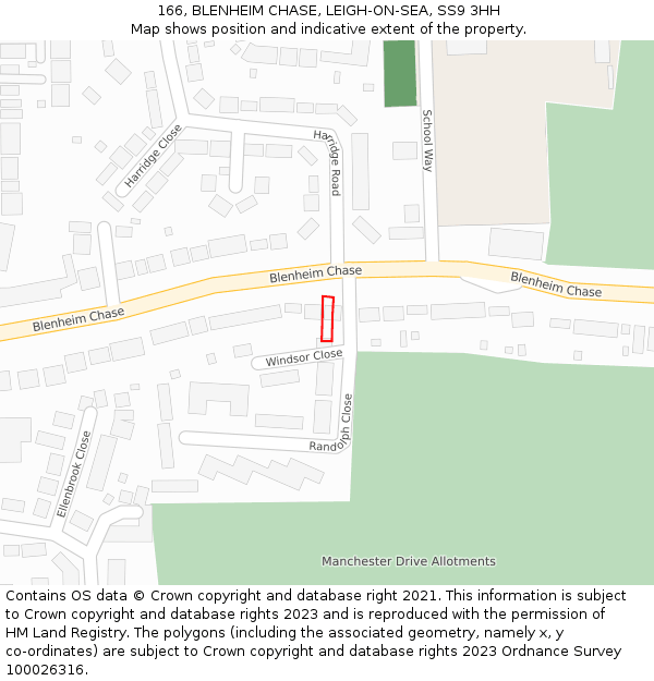 166, BLENHEIM CHASE, LEIGH-ON-SEA, SS9 3HH: Location map and indicative extent of plot