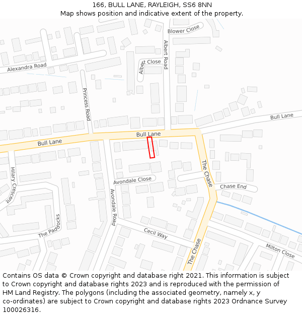 166, BULL LANE, RAYLEIGH, SS6 8NN: Location map and indicative extent of plot