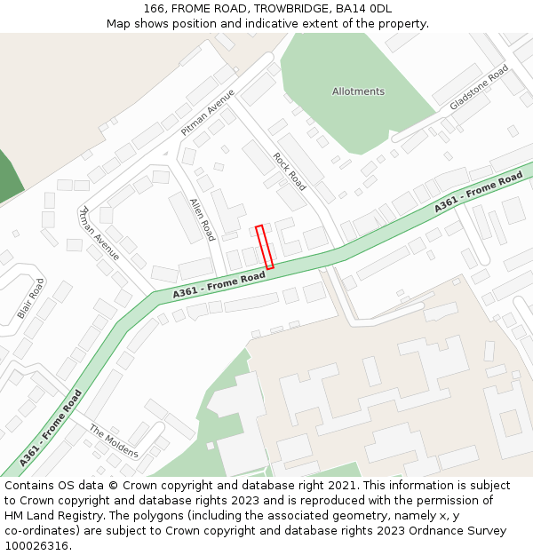 166, FROME ROAD, TROWBRIDGE, BA14 0DL: Location map and indicative extent of plot