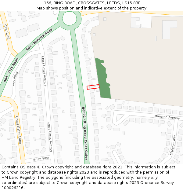 166, RING ROAD, CROSSGATES, LEEDS, LS15 8RF: Location map and indicative extent of plot