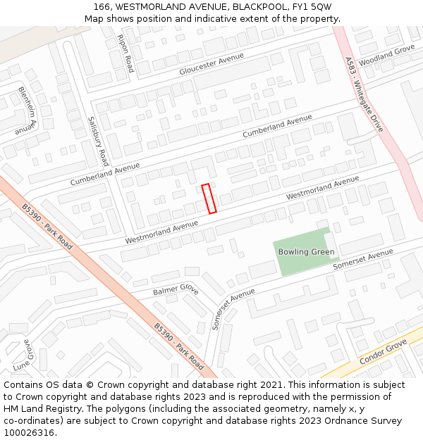 166, WESTMORLAND AVENUE, BLACKPOOL, FY1 5QW: Location map and indicative extent of plot