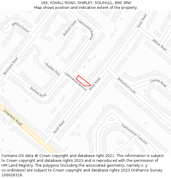 166, YOXALL ROAD, SHIRLEY, SOLIHULL, B90 3RW: Location map and indicative extent of plot