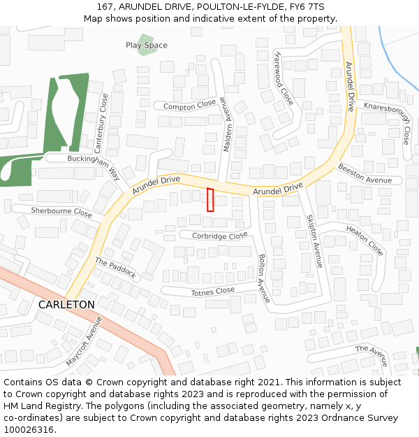 167, ARUNDEL DRIVE, POULTON-LE-FYLDE, FY6 7TS: Location map and indicative extent of plot