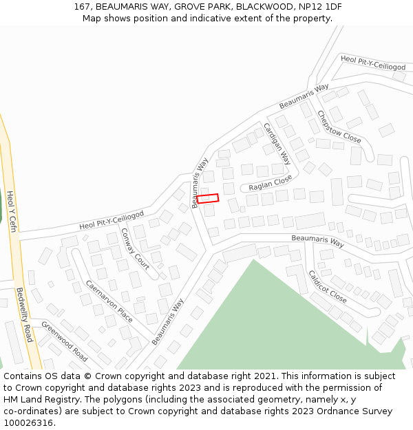 167, BEAUMARIS WAY, GROVE PARK, BLACKWOOD, NP12 1DF: Location map and indicative extent of plot