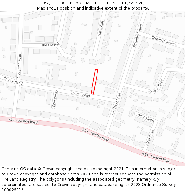 167, CHURCH ROAD, HADLEIGH, BENFLEET, SS7 2EJ: Location map and indicative extent of plot