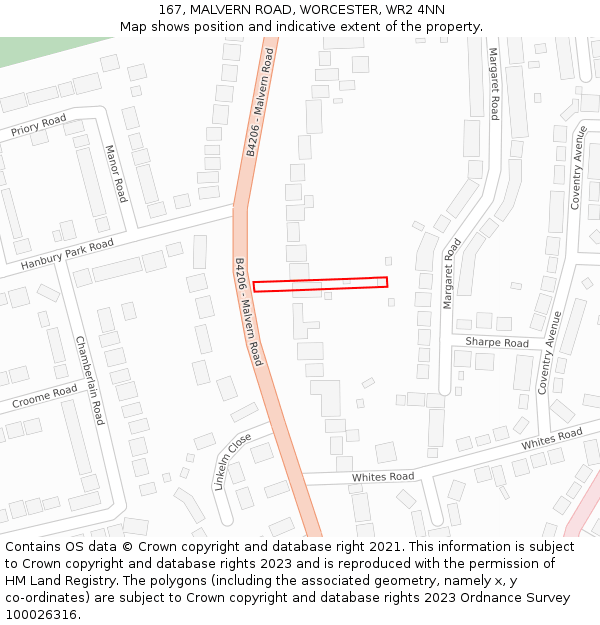 167, MALVERN ROAD, WORCESTER, WR2 4NN: Location map and indicative extent of plot