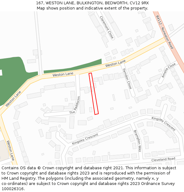 167, WESTON LANE, BULKINGTON, BEDWORTH, CV12 9RX: Location map and indicative extent of plot