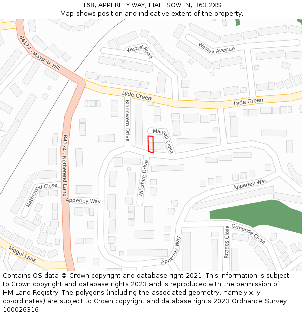 168, APPERLEY WAY, HALESOWEN, B63 2XS: Location map and indicative extent of plot