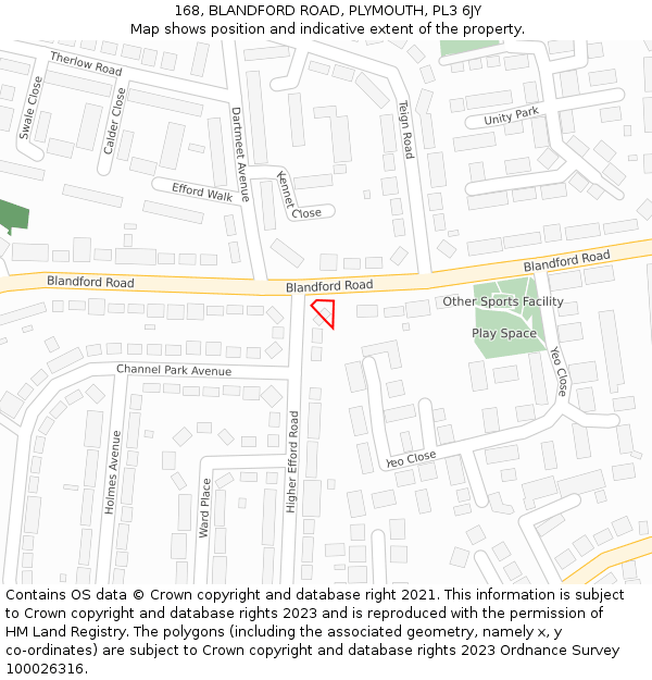 168, BLANDFORD ROAD, PLYMOUTH, PL3 6JY: Location map and indicative extent of plot