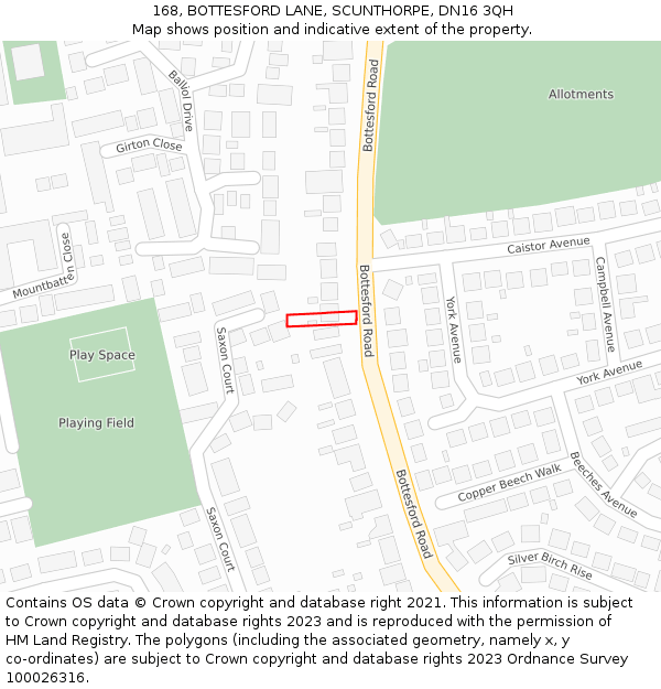 168, BOTTESFORD LANE, SCUNTHORPE, DN16 3QH: Location map and indicative extent of plot