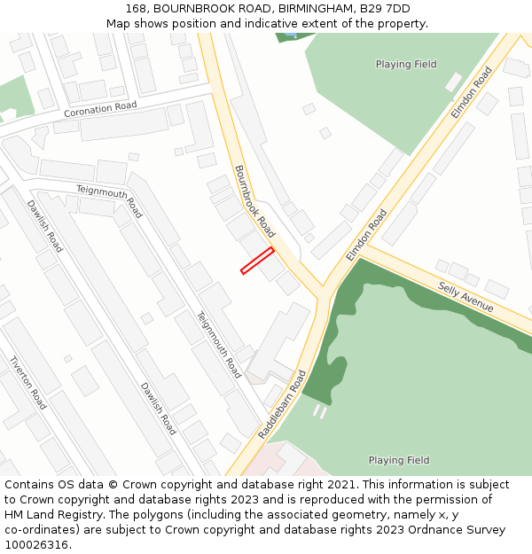 168, BOURNBROOK ROAD, BIRMINGHAM, B29 7DD: Location map and indicative extent of plot