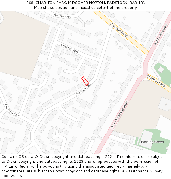 168, CHARLTON PARK, MIDSOMER NORTON, RADSTOCK, BA3 4BN: Location map and indicative extent of plot