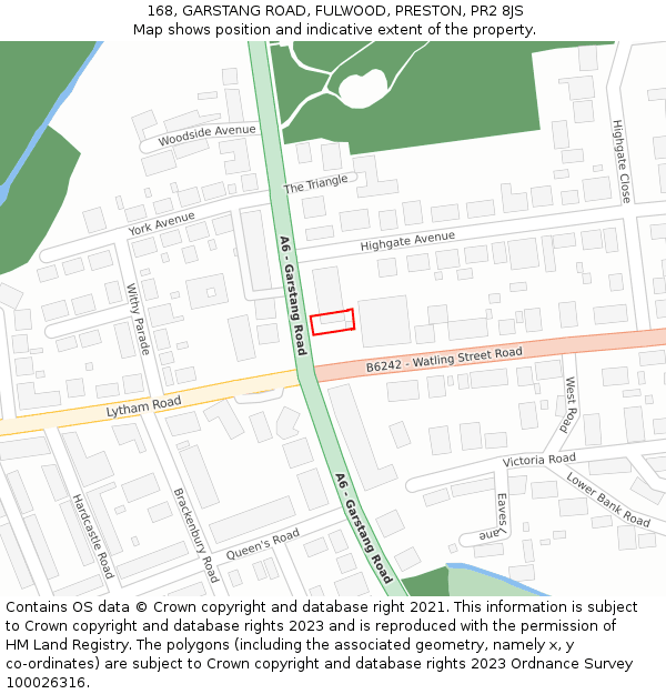 168, GARSTANG ROAD, FULWOOD, PRESTON, PR2 8JS: Location map and indicative extent of plot