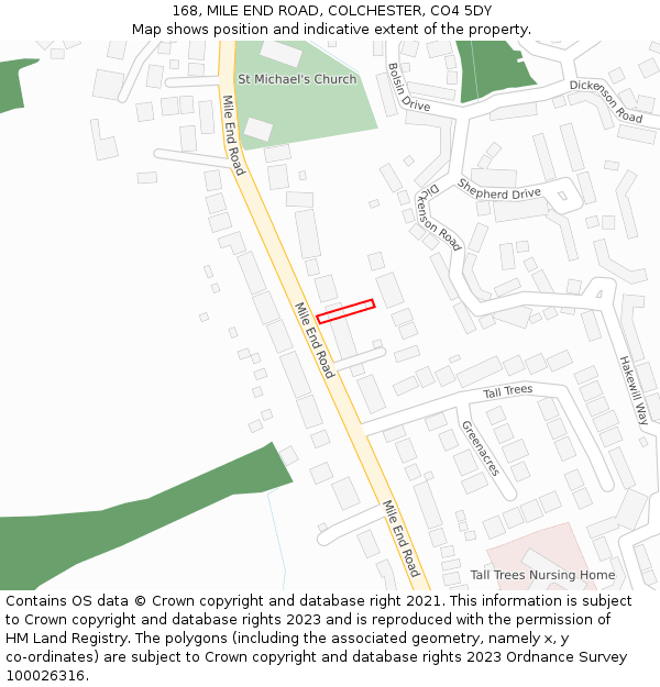 168, MILE END ROAD, COLCHESTER, CO4 5DY: Location map and indicative extent of plot