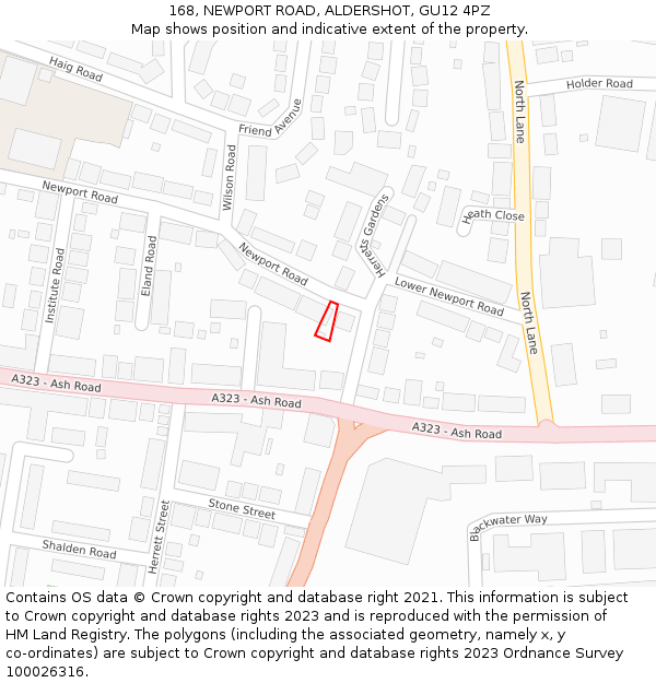 168, NEWPORT ROAD, ALDERSHOT, GU12 4PZ: Location map and indicative extent of plot