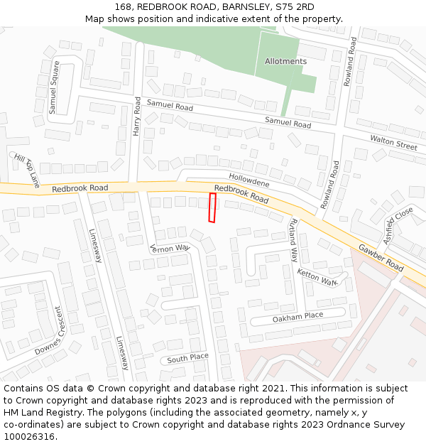 168, REDBROOK ROAD, BARNSLEY, S75 2RD: Location map and indicative extent of plot