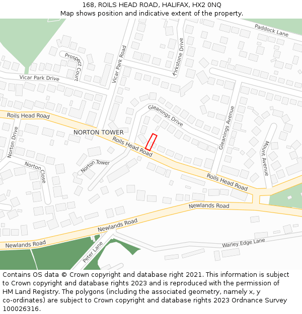 168, ROILS HEAD ROAD, HALIFAX, HX2 0NQ: Location map and indicative extent of plot