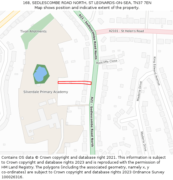 168, SEDLESCOMBE ROAD NORTH, ST LEONARDS-ON-SEA, TN37 7EN: Location map and indicative extent of plot