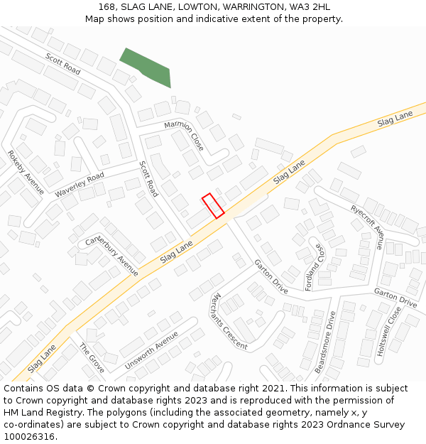 168, SLAG LANE, LOWTON, WARRINGTON, WA3 2HL: Location map and indicative extent of plot