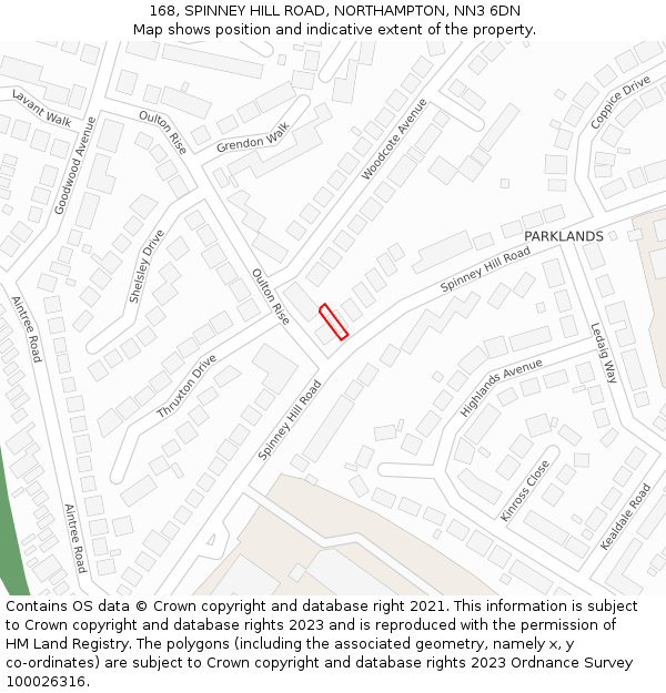 168, SPINNEY HILL ROAD, NORTHAMPTON, NN3 6DN: Location map and indicative extent of plot