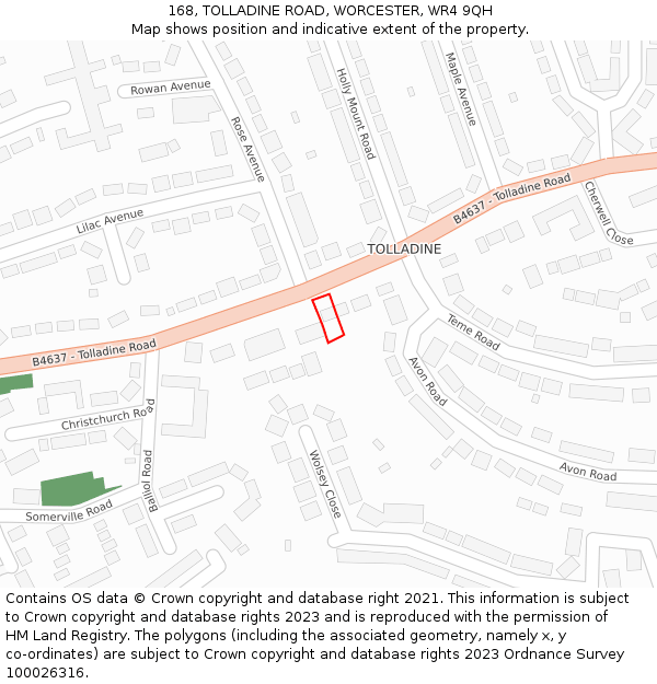 168, TOLLADINE ROAD, WORCESTER, WR4 9QH: Location map and indicative extent of plot