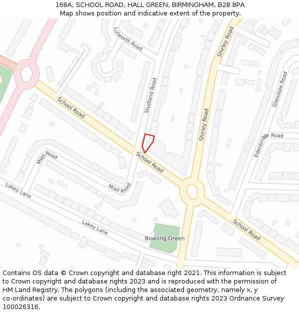 168A, SCHOOL ROAD, HALL GREEN, BIRMINGHAM, B28 8PA: Location map and indicative extent of plot