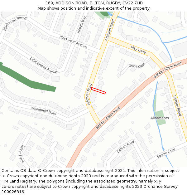 169, ADDISON ROAD, BILTON, RUGBY, CV22 7HB: Location map and indicative extent of plot